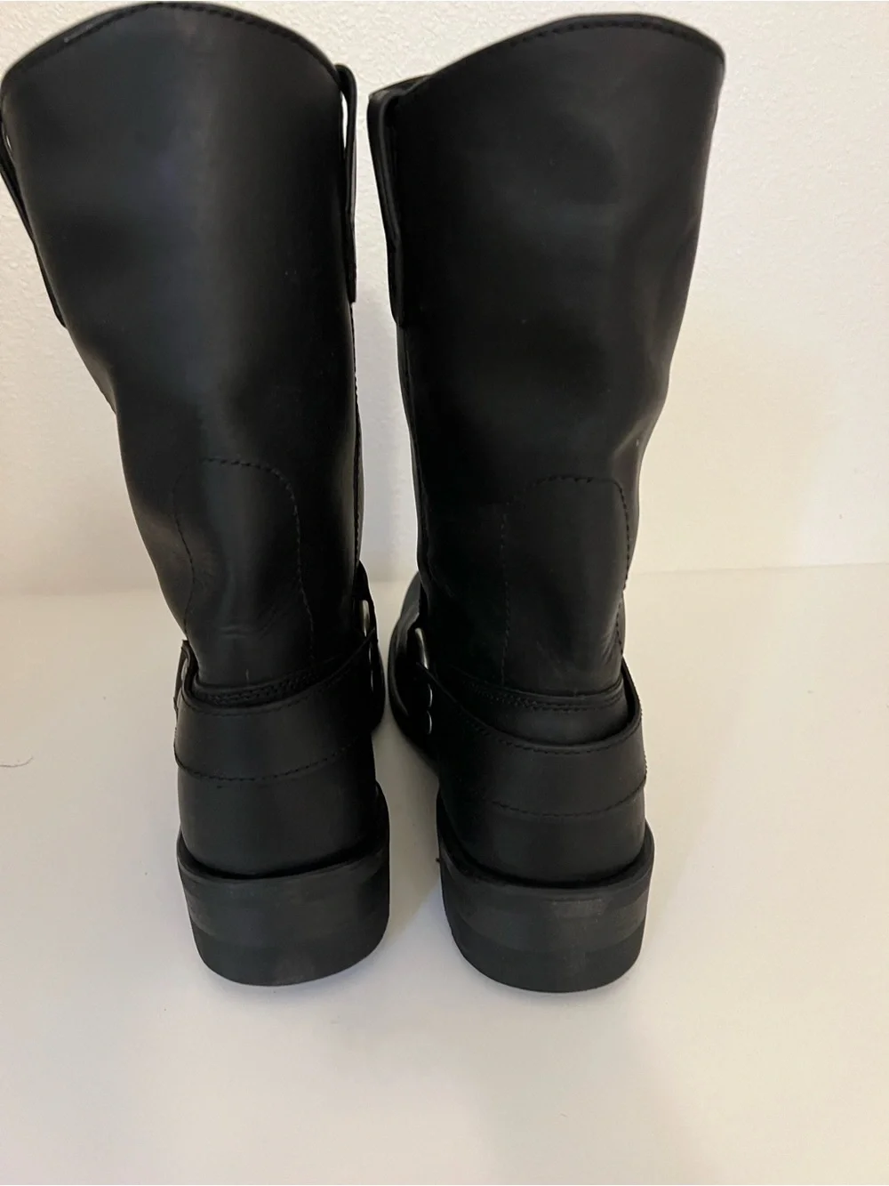 Men's Black Leather Harness Boots with Silver Hardware